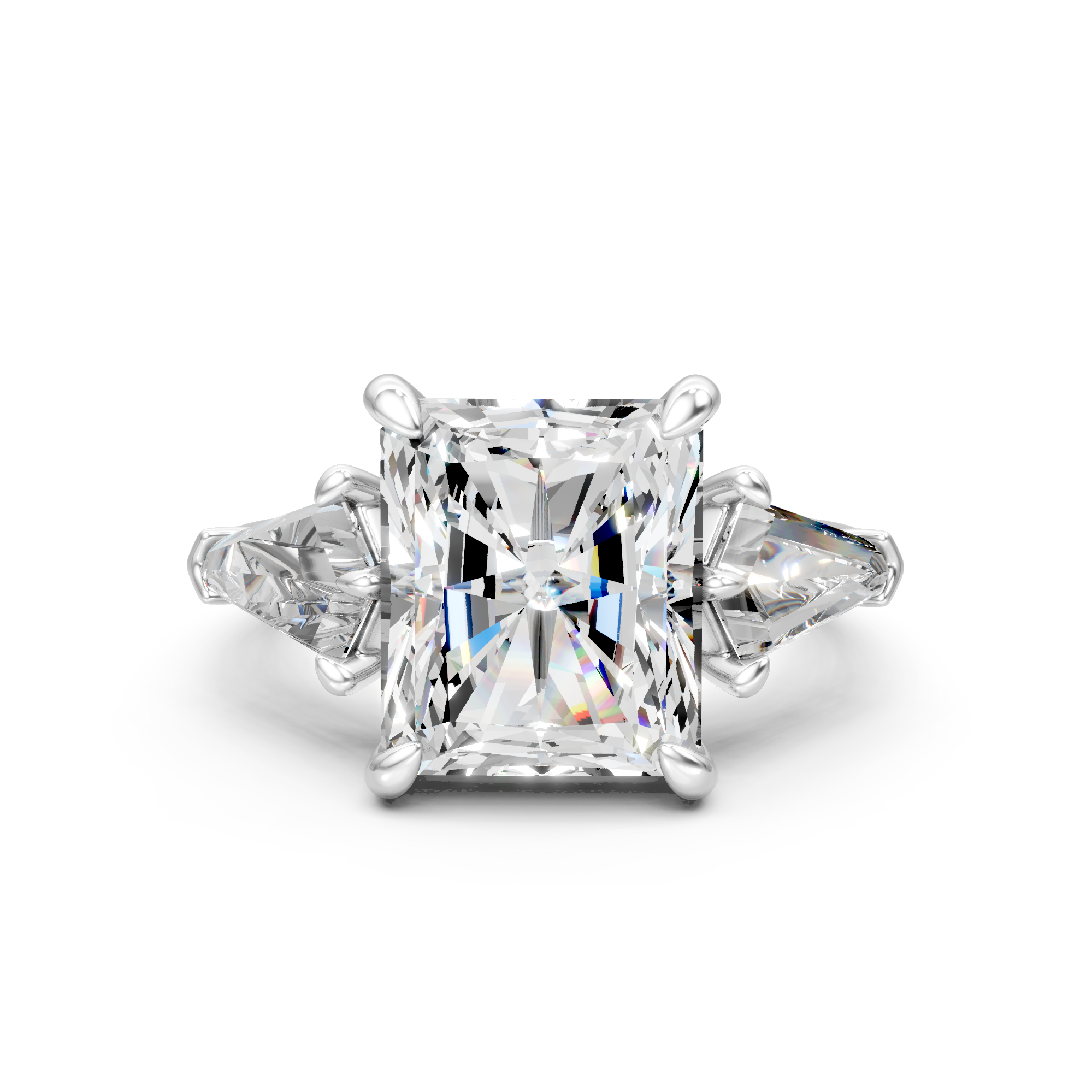 Radiant Cut Moissanite Engagement Ring: Three Stone Art Deco Design