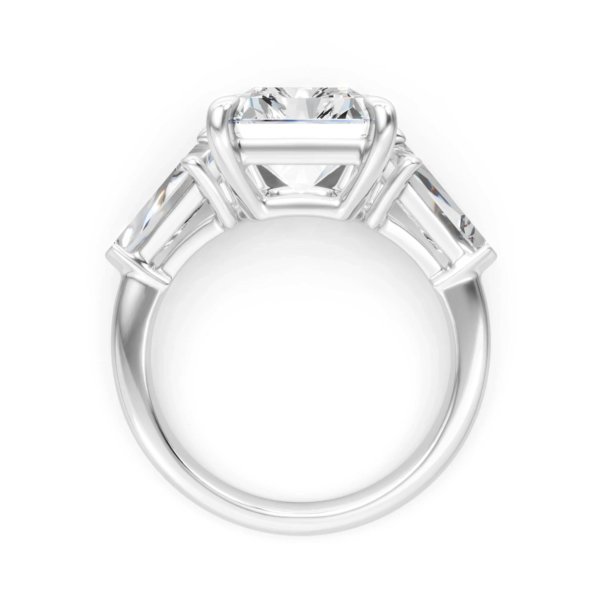 Radiant Cut Moissanite Engagement Ring: Three Stone Art Deco Design
