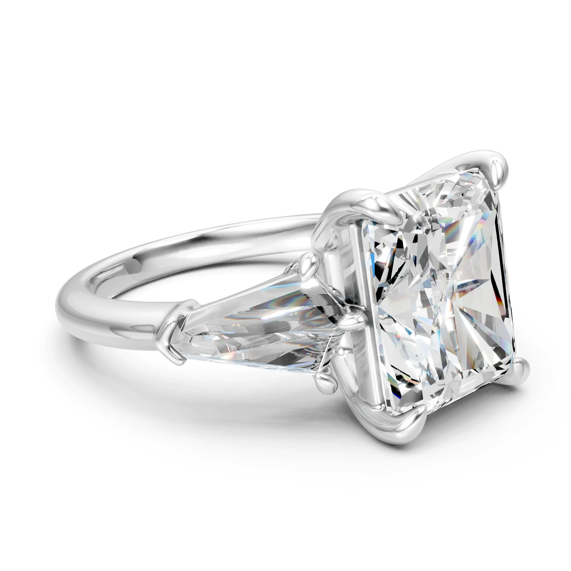 Radiant Cut Moissanite Engagement Ring: Three Stone Art Deco Design